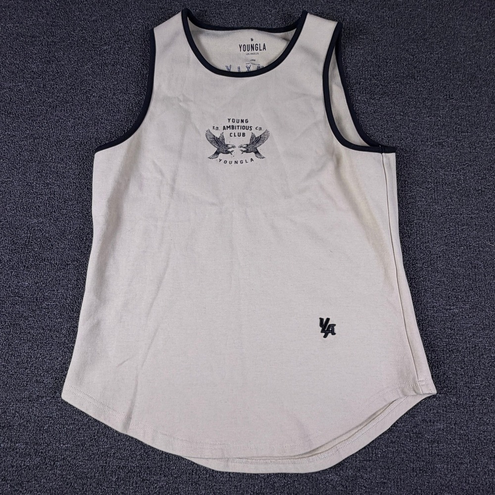 YoungLA Tank Top Mens Large 311 YLA2293 Beige Ambitious Club Graphic EUC
